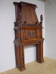 GOTHIC WALNUT FIGURAL FIRE MANTLE 19 th century