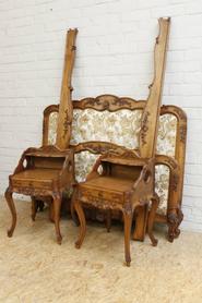 Solid oak Louis XV bed and 2 nightstands circa 1920