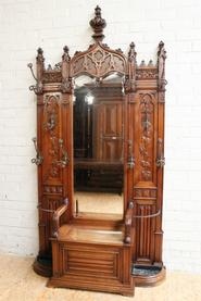 Walnut monumental gothic hall bench/hall tree 19th century