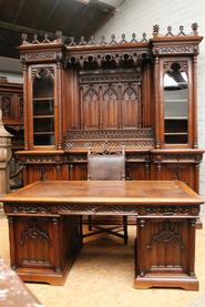 3 pc monumental walnut gothic office set 19.th century