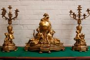 3pc.gilt bronze clock set representing the 4 seasons on the candle sticks 19th century