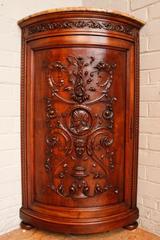 Pair walnut renaissance corner cabinets with marble top 19th century