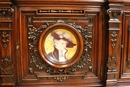 Renaissance style Cabinet in walnut & porecelain, France 19th century
