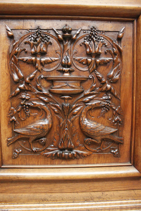 Exceptional monumental walnut renaissance bookcase with bronze statue of Doctor Pinard