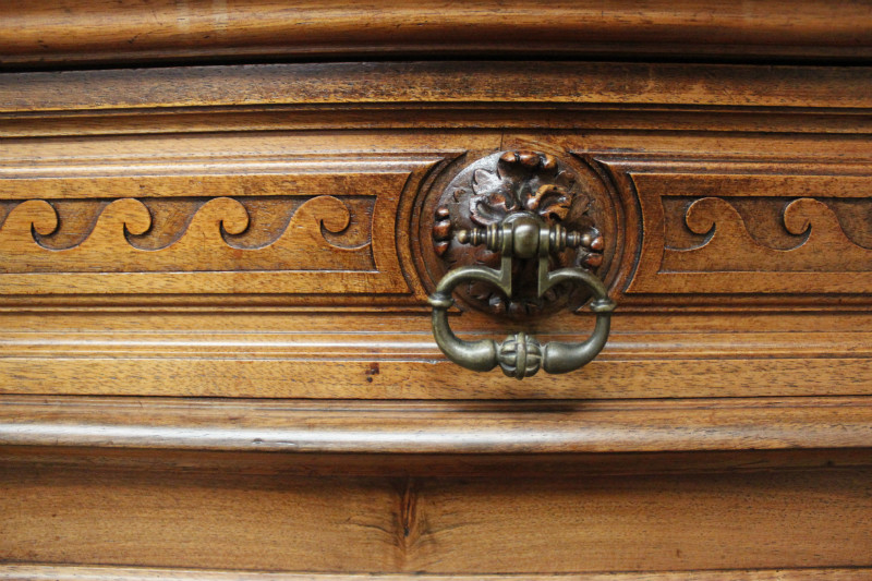 Exceptional monumental walnut renaissance bookcase with bronze statue of Doctor Pinard