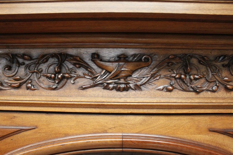 Exceptional monumental walnut renaissance bookcase with bronze statue of Doctor Pinard