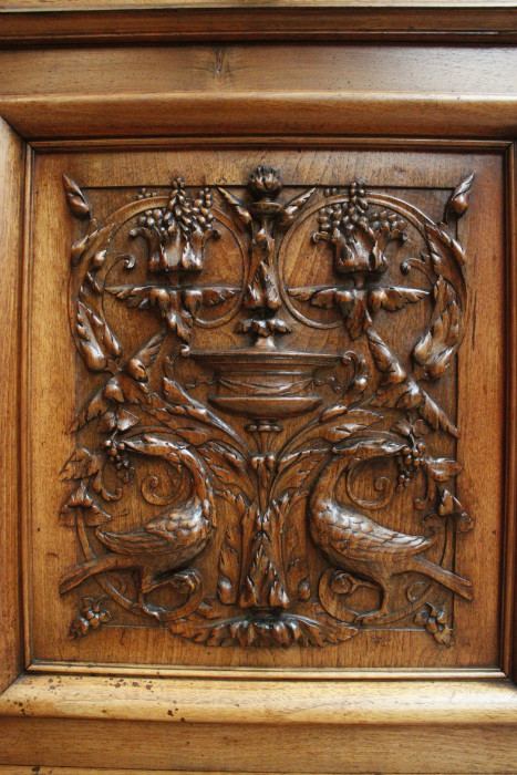 Exceptional monumental walnut renaissance bookcase with bronze statue of Doctor Pinard