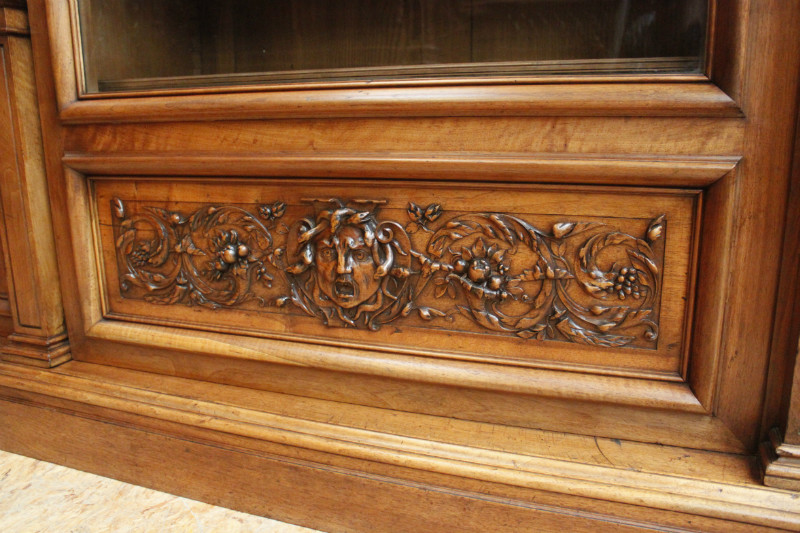 Exceptional monumental walnut renaissance bookcase with bronze statue of Doctor Pinard