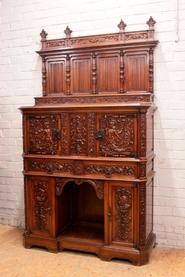 Exceptional renaissance cabinet in walnut signed Bellanger