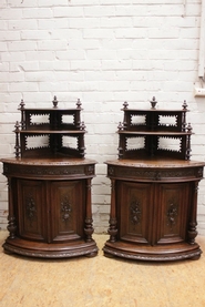 pair oak bombe hunt corner cabinets