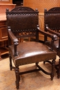 Renaissance style Arm chairs in oak and leather, France 19th century