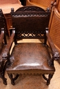 Renaissance style Arm chairs in oak and leather, France 19th century