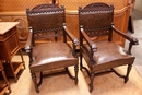 Renaissance style Arm chairs in oak and leather, France 19th century