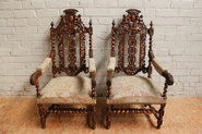 Pair renaissance needlepoint arm chairs with cherubs