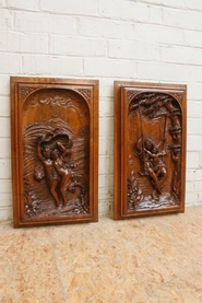 pair romantic walnut wall panels signed by Villermet