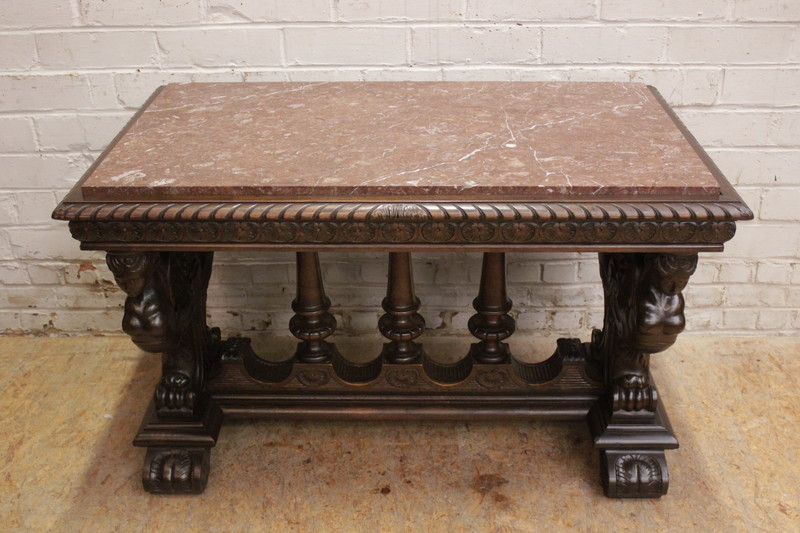 Quality renaissance marble top center table inwalnut 