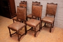 Renaissance style Chairs in walnut and leather, France 19th century