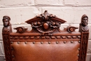 Renaissance style Chairs in walnut and leather, France 19th century