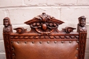 Renaissance style Chairs in walnut and leather, France 19th century